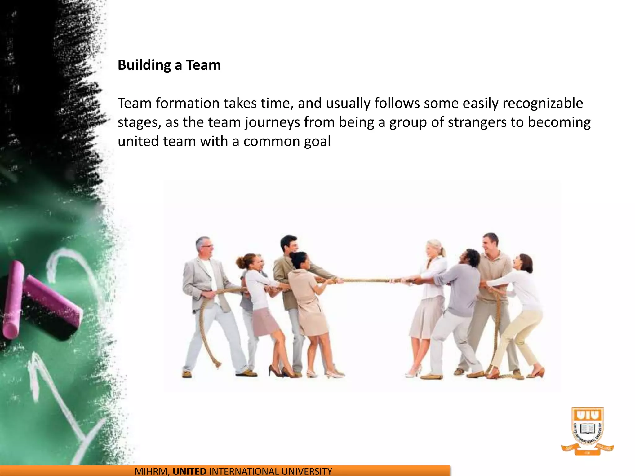 MIHRM, UNITED INTERNATIONAL UNIVERSITY
Building a Team
Team formation takes time, and usually follows some easily recognizable
stages, as the team journeys from being a group of strangers to becoming
united team with a common goal
 