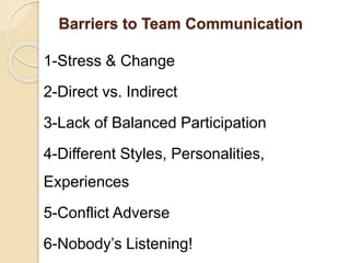 Barriers to Team Communication
1-Stress & Change
2-Direct vs. Indirect
3-Lack of Balanced Participation
4-Different Styles, Personalities,
Experiences
5-Conflict Adverse
6-Nobody’s Listening!
 