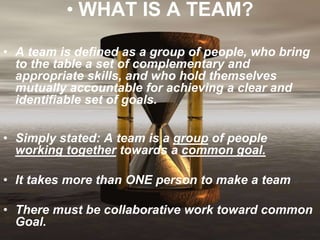 • WHAT IS A TEAM?
• A team is defined as a group of people, who bring
to the table a set of complementary and
appropriate ...