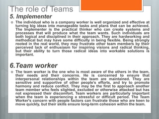 The role of Teams
5. Implementer
 The individual who is a company worker is well organized and effective at
turning big ideas into manageable tasks and plans that can be achieved.
The Implementer is the practical thinker who can create systems and
processes that will produce what the team wants. Such individuals are
both logical and disciplined in their approach. They are hardworking and
methodical but may have some difficulty in being flexible. Being strongly
rooted in the real world, they may frustrate other team members by their
perceived lack of enthusiasm for inspiring visions and radical thinking,
but their ability to turn those radical ideas into workable solutions is
important.
6.Team worker
 The team worker is the one who is most aware of the others in the team,
their needs and their concerns. He is concerned to ensure that
interpersonal relationships within the team are maintained. They are
sensitive and supportive of other people’s efforts, and try to promote
harmony and reduce conflict. They may be the first to approach another
team member who feels slighted, excluded or otherwise attacked but has
not expressed their discomfort. Team workers are particularly important
when the team is experiencing a stressful or difficult period. The Team
Worker's concern with people factors can frustrate those who are keen to
move quickly, but their skills ensure long-term cohesion within the team.
 