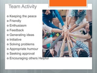 Team Activity
 Keeping the peace
 Friendly
 Enthusiasm
 Feedback
 Generating ideas
 Initiative
 Solving problems
 Appropriate humour
 Seeking approval
 Encouraging others Helpful
 