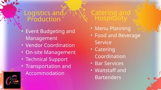 Catering and
Hospitality
• Event Budgeting and
Management
• Vendor Coordination
• On-site Management
• Technical Support
• Transportation and
Accommodation
Logistics and
Production
• Menu Planning
• Food and Beverage
Service
• Catering
Coordination
• Bar Services
• Waitstaff and
Bartenders
 