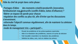 Rôle du chef de projet dans cette phase :
-Partages d’idées des moments créatifs/productifs (innovation,
fertilisation)et non destructifs (conflit d’idées, luttes d’influence) ?
-libérer un espace de parole pour chacun
-régulation des conflits au plus tôt, afin d’éviter que les discussions
s’enveniment.
-reformuler l’objectif commun régulièrement, afin de maintenir la cohésion
dans le temps.
-mode de management très « participatif ».
 