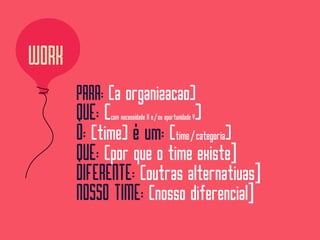 PARA: (a organizacao) 
QUE: (com necessidade X e/ou oportunidade Y)
O: (time) é um: (time/categoria)
QUE: (por que o time existe]
DIFERENTE: (outras alternativas]
NOSSO TIME: (nosso diferencial]
WORK
 
