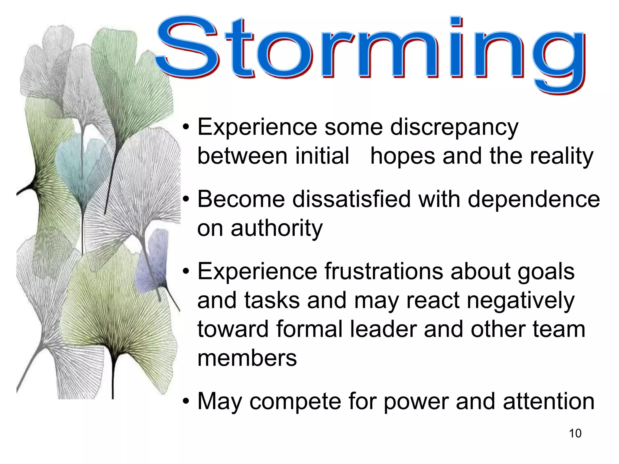 10
• Experience some discrepancy
between initial hopes and the reality
• Become dissatisfied with dependence
on authority
• Experience frustrations about goals
and tasks and may react negatively
toward formal leader and other team
members
• May compete for power and attention
 
