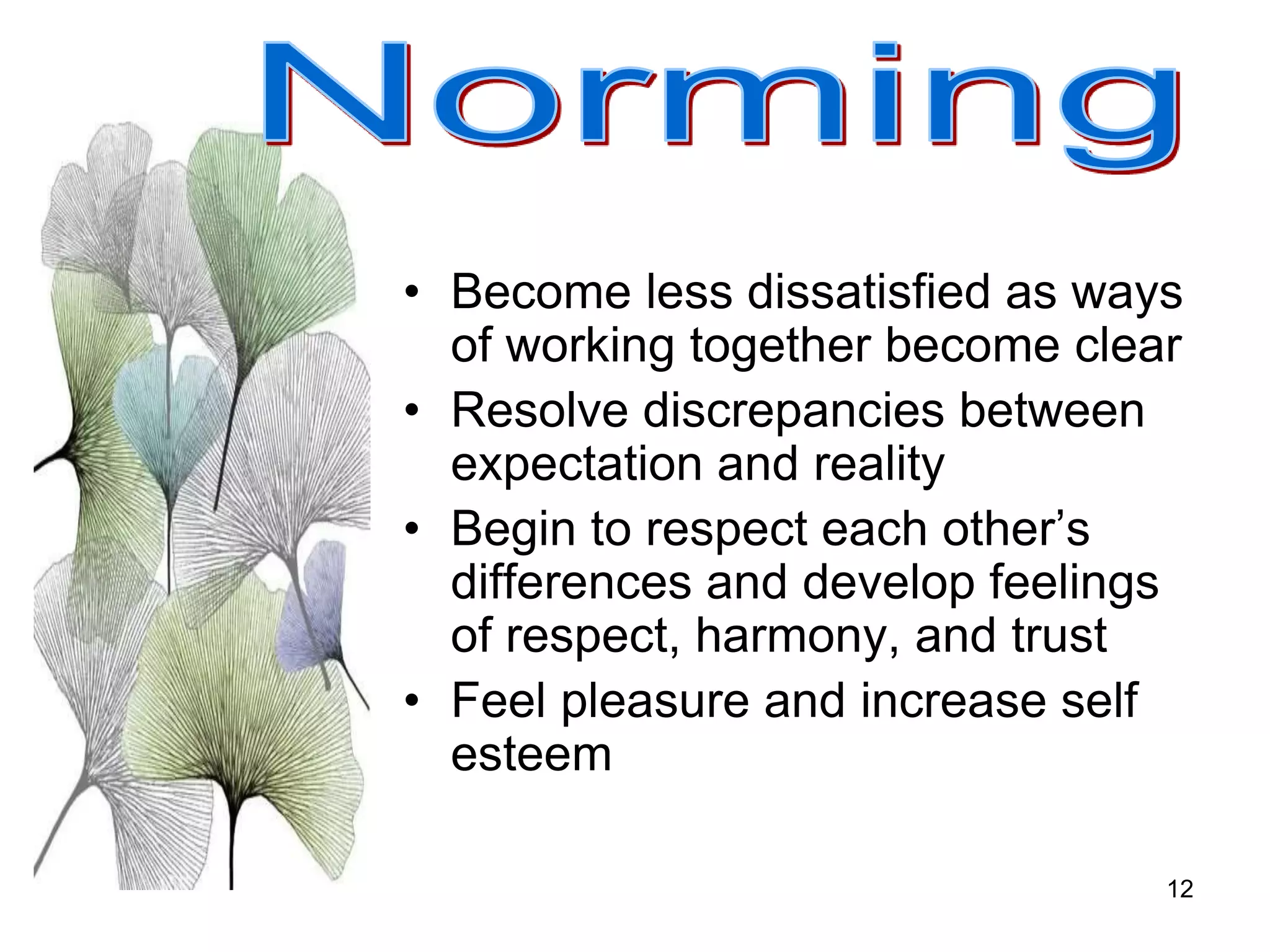 12
• Become less dissatisfied as ways
of working together become clear
• Resolve discrepancies between
expectation and reality
• Begin to respect each other’s
differences and develop feelings
of respect, harmony, and trust
• Feel pleasure and increase self
esteem
 