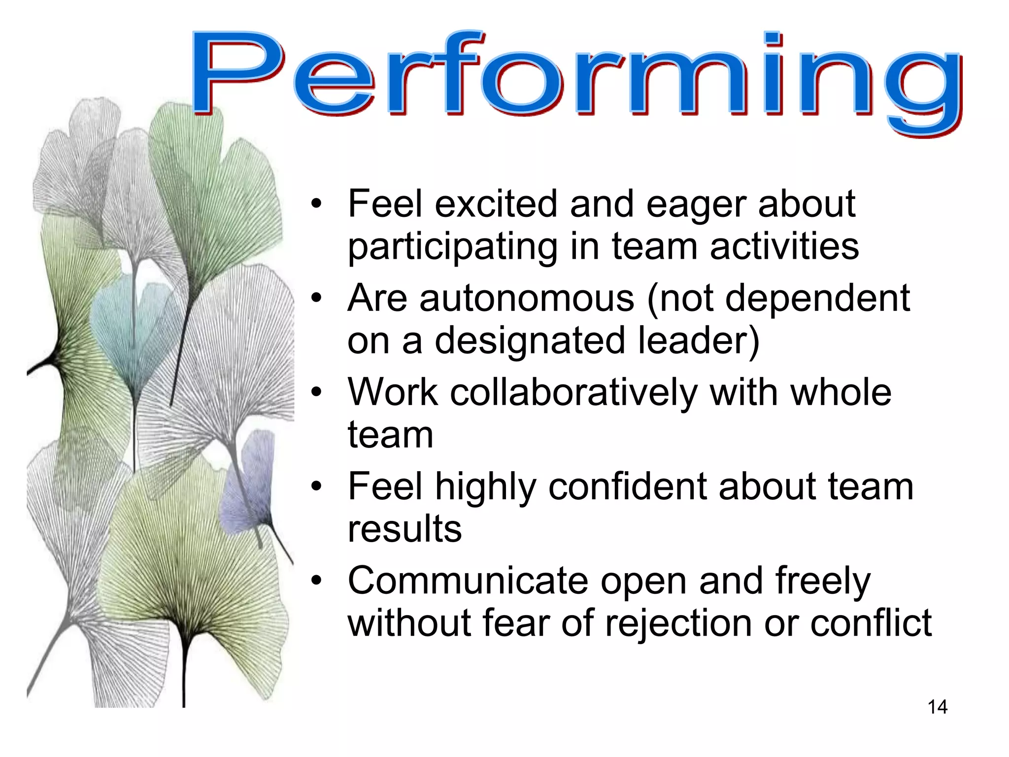 14
• Feel excited and eager about
participating in team activities
• Are autonomous (not dependent
on a designated leader)
• Work collaboratively with whole
team
• Feel highly confident about team
results
• Communicate open and freely
without fear of rejection or conflict
 