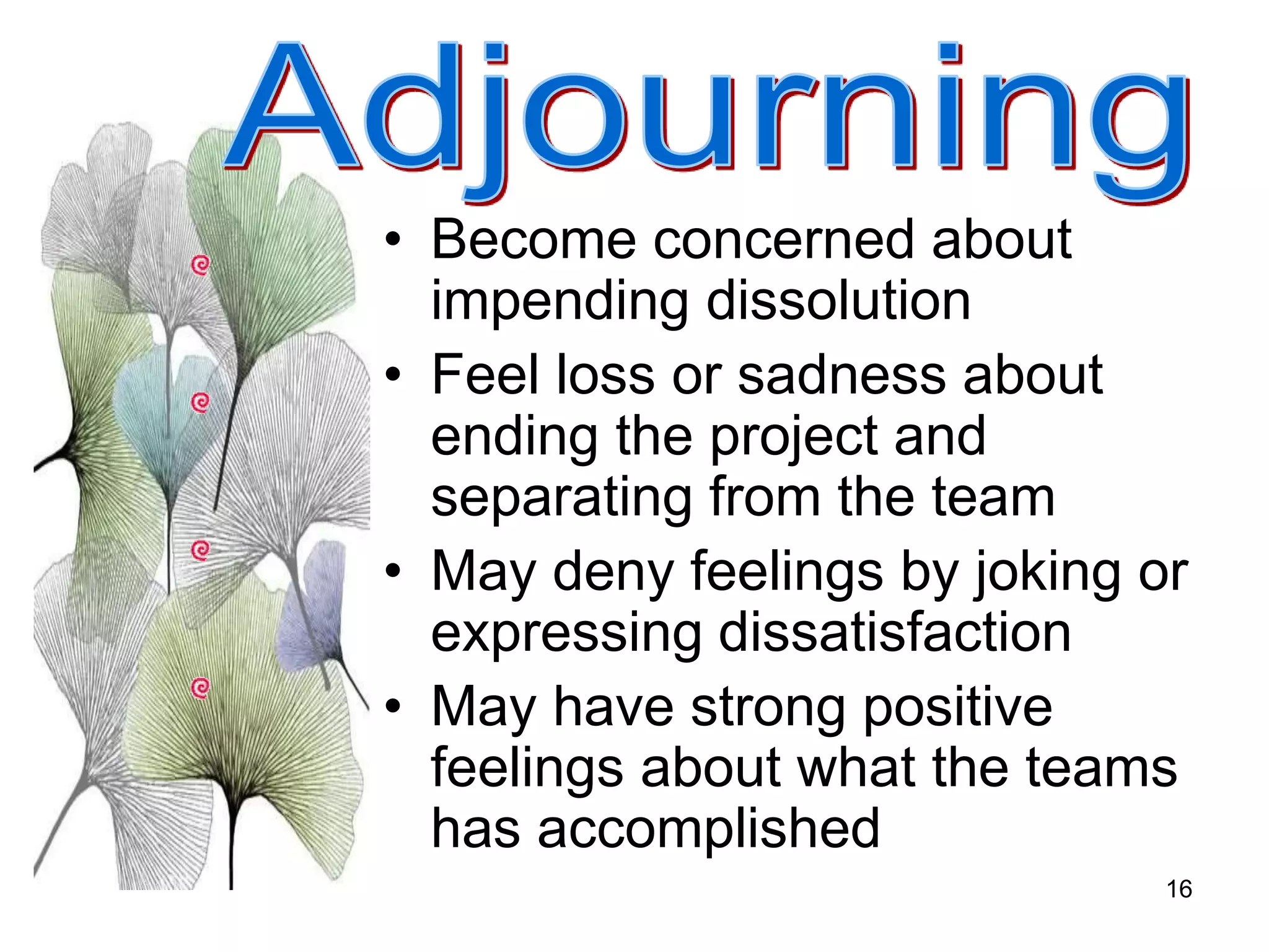16
• Become concerned about
impending dissolution
• Feel loss or sadness about
ending the project and
separating from the team
• May deny feelings by joking or
expressing dissatisfaction
• May have strong positive
feelings about what the teams
has accomplished
 