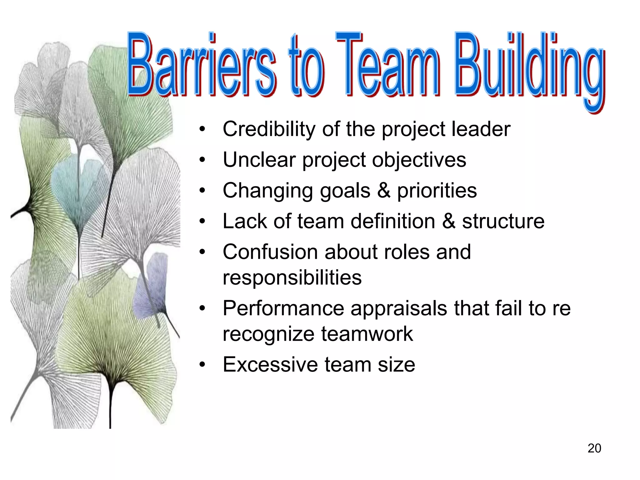 20
• Credibility of the project leader
• Unclear project objectives
• Changing goals & priorities
• Lack of team definition & structure
• Confusion about roles and
responsibilities
• Performance appraisals that fail to re
recognize teamwork
• Excessive team size
 
