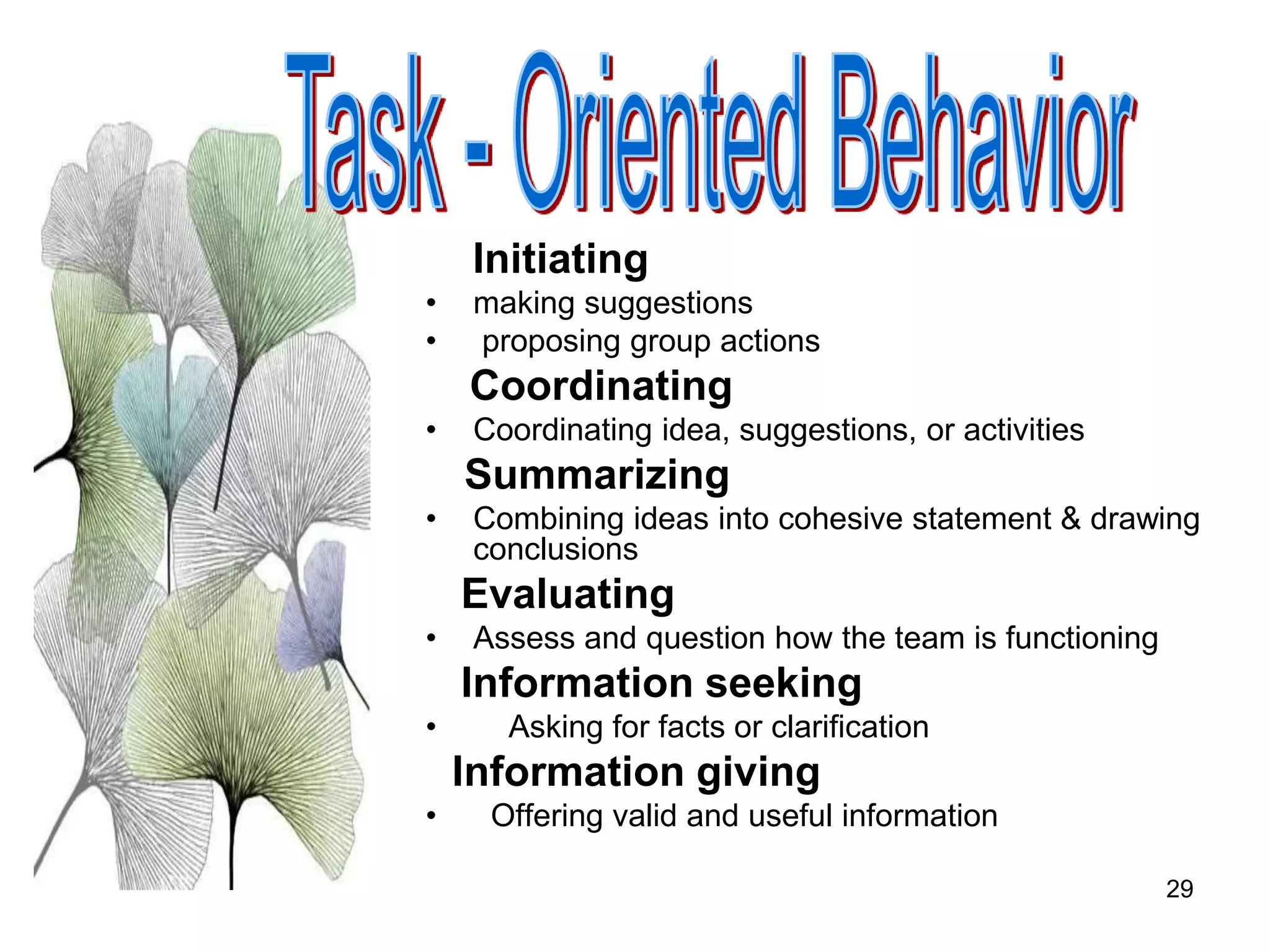 29
Initiating
• making suggestions
• proposing group actions
Coordinating
• Coordinating idea, suggestions, or activities
Summarizing
• Combining ideas into cohesive statement & drawing
conclusions
Evaluating
• Assess and question how the team is functioning
Information seeking
• Asking for facts or clarification
Information giving
• Offering valid and useful information
 