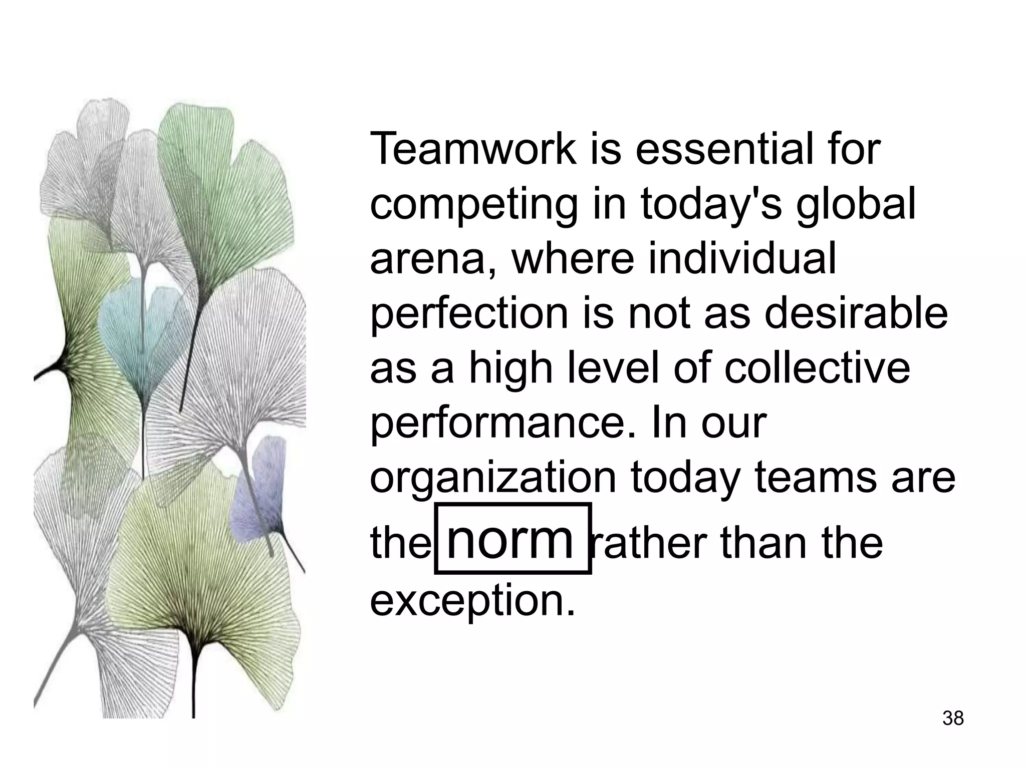 38
Teamwork is essential for
competing in today's global
arena, where individual
perfection is not as desirable
as a high level of collective
performance. In our
organization today teams are
the norm rather than the
exception.
 