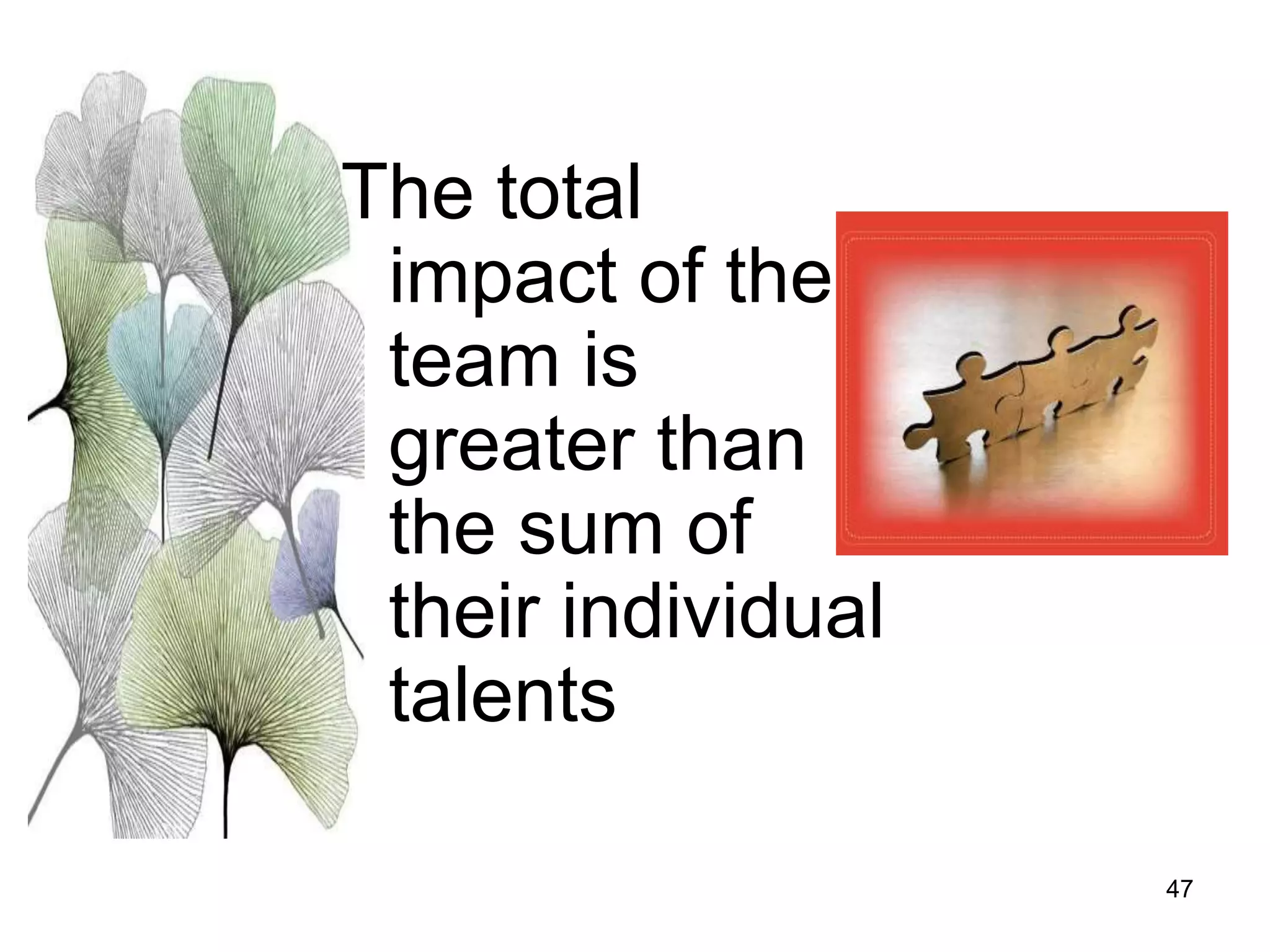 47
The total
impact of the
team is
greater than
the sum of
their individual
talents
 