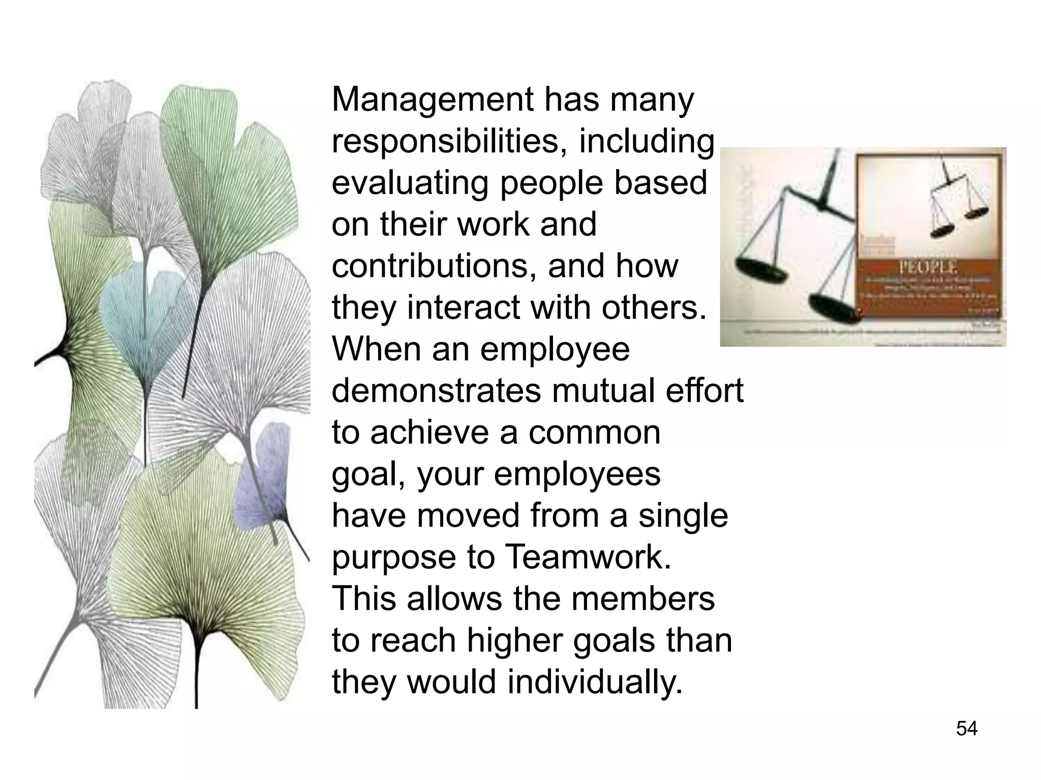 54
Management has many
responsibilities, including
evaluating people based
on their work and
contributions, and how
they interact with others.
When an employee
demonstrates mutual effort
to achieve a common
goal, your employees
have moved from a single
purpose to Teamwork.
This allows the members
to reach higher goals than
they would individually.
 