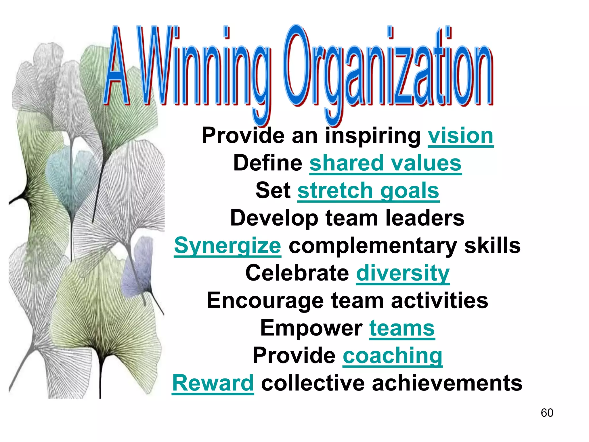 60
Provide an inspiring vision
Define shared values
Set stretch goals
Develop team leaders
Synergize complementary skills
Celebrate diversity
Encourage team activities
Empower teams
Provide coaching
Reward collective achievements
 