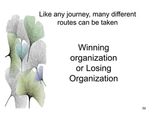 59
Winning
organization
or Losing
Organization
Like any journey, many different
routes can be taken
 