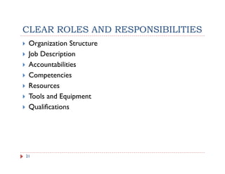 CLEAR ROLES AND RESPONSIBILITIES
 Organization Structure
 Job Description
 Accountabilities
 Competencies
 Resources
 Tools and Equipment
 Qualifications




21
 