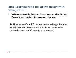 Little Learning with the above theory with
examples….1
     When a team is formed it focuses on the future.
     Once it succeeds it focuses on the past.

 IBM lost most of the PC market (new challenge) because
                                  (          g )
 its key business decisions were made by people who
 succeeded with mainframes (past successes).




28
 