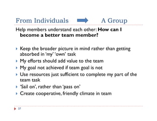 From Individuals                        A Group
Help members understand each other: How can I
 become a better team member?

  Keep the broader picture in mind rather than getting
  absorbed i ‘my’ ‘own’ task
   b b d in ‘ ’ ‘         ’ k
  My efforts should add value to the team
  My goal not achieved if team goal is not
  Use resources just sufficient to complete my part of the
  team task
  ‘Sail on’, rather than ‘pass on’
  Create cooperative, friendly climate in team

 37
 