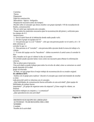 Cartulina
Tijeras
Pegamento
Papel de construcción
Marcadores / lápices / bolígrafos
Preparación necesaria (antes de tiempo):
Decidir sobre el concepto que desea enseñar a un grupo (ejemplo: 4-H de recaudación de
fondos, comunicación)
Haz un cartel que representa este concepto.
Traiga todos los materiales necesarios para la reconstrucción del póster y suficiente para
los equipos de 4-5.
Instrucciones:
1. Pon el cartel fuera de la habitación donde nadie puede verlo.
2. Divida el grupo en equipos de 4-5
3. Una persona que va a ser "vidente" - sólo que esta persona puede ver el cartel y el s / él
debe informar al
corredor lo que ve.
4. Otra persona es el "corredor" - esta persona debe ejecutar desde la mesa de trabajo a la
vidente.
5. El resto del equipo son los "hacedores" - deben reconstruir el cartel como el corredor le
dice
ellos, basados en lo que el vidente le dice al corredor.
El corredor puede ejecutar tantas veces como sea necesario para obtener la información
correcta.
Dar un plazo para el proyecto.
Esta actividad se puede trabajar para todos los niveles de edad, cómo se estructura su cartel
puede depender de la edad
grupo involucrado.
Al final, ver qué grupo hizo el mejor trabajo de reconstrucción de su creador original.
ELABORACIÓN:
Analice con el grupo para explicar / discutir el concepto que usted está tratando de enseñar
y cómo
cada pieza del cartel se relaciona con el concepto.
¿Qué habilidades de comunicación fueron utilizados en esta actividad? ¿Qué equipo de
habilidades de trabajo fueron
importante? ¿El grupo de organizar antes de empezar? ¿Cómo surgió la vidente, un
finalista
hacedores trabajan en conjunto y / o comunicar?
¿Qué aprendieron de esta actividad?
Página 15
DISTRITO SUR EQUIPO DE LIDERAZGO
ACTIVIDAD / TEAM BUILDING IDEA 2002
NOMBRE
Condado
Nombre de la actividad:
 