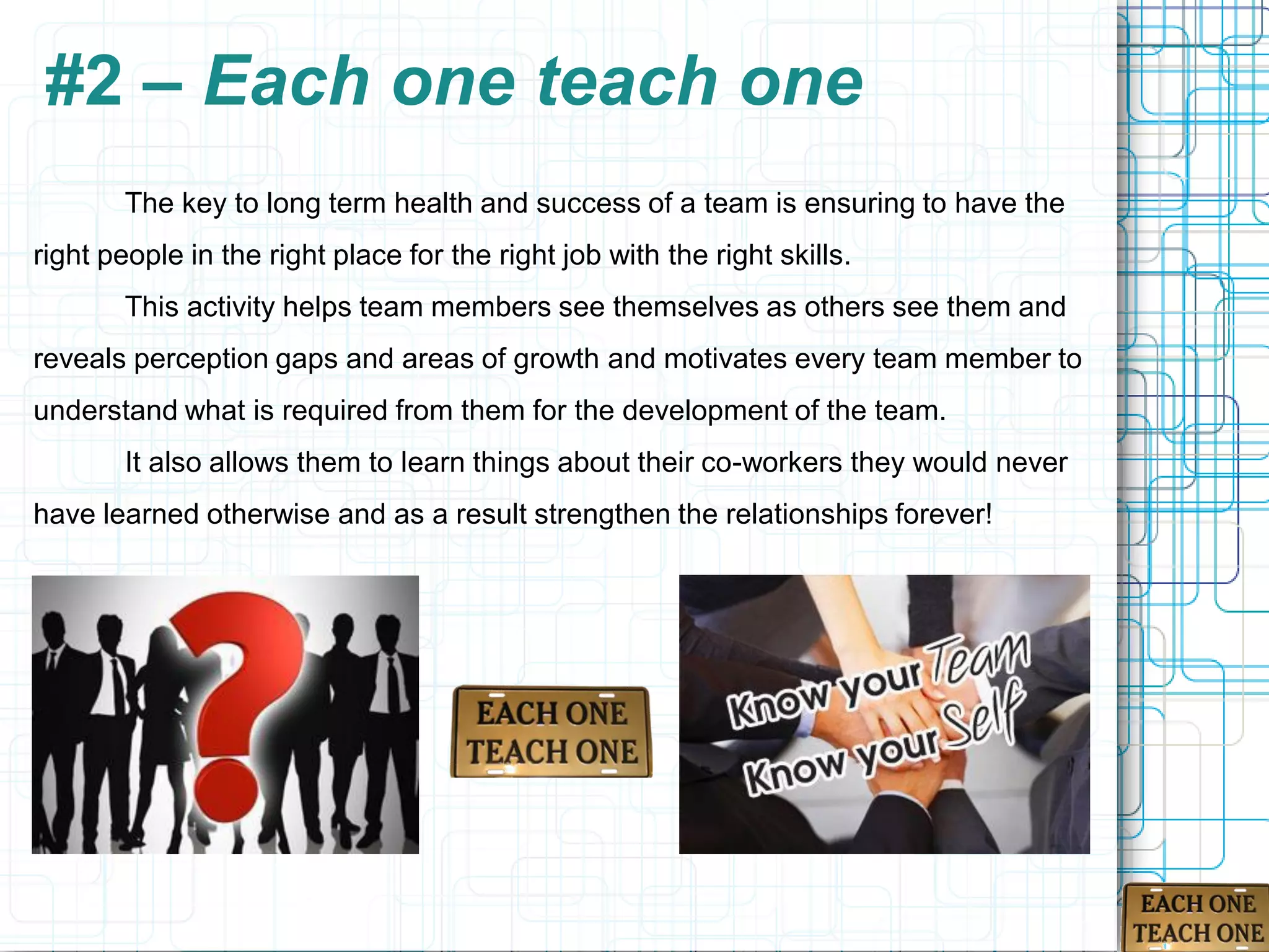 #2 – Each one teach one
        The key to long term health and success of a team is ensuring to have the
right people in the right place for the right job with the right skills.
        This activity helps team members see themselves as others see them and
reveals perception gaps and areas of growth and motivates every team member to
understand what is required from them for the development of the team.
        It also allows them to learn things about their co-workers they would never
have learned otherwise and as a result strengthen the relationships forever!
 