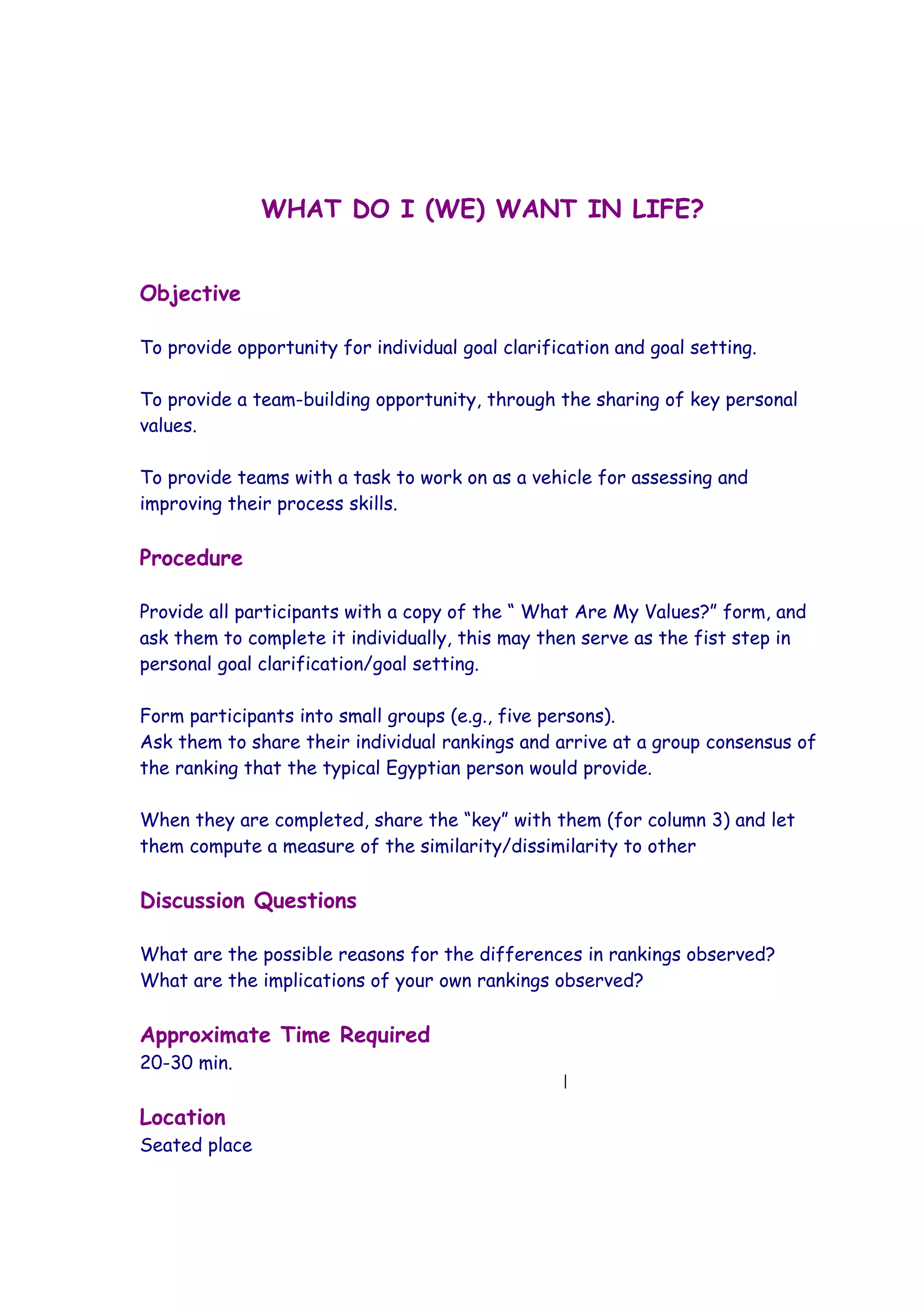 WHAT DO I (WE) WANT IN LIFE?


Objective

To provide opportunity for individual goal clarification and goal setting.

To provide a team-building opportunity, through the sharing of key personal
values.

To provide teams with a task to work on as a vehicle for assessing and
improving their process skills.

Procedure

Provide all participants with a copy of the “ What Are My Values?” form, and
ask them to complete it individually, this may then serve as the fist step in
personal goal clarification/goal setting.

Form participants into small groups (e.g., five persons).
Ask them to share their individual rankings and arrive at a group consensus of
the ranking that the typical Egyptian person would provide.

When they are completed, share the “key” with them (for column 3) and let
them compute a measure of the similarity/dissimilarity to other

Discussion Questions

What are the possible reasons for the differences in rankings observed?
What are the implications of your own rankings observed?

Approximate Time Required
20-30 min.

Location
Seated place
 