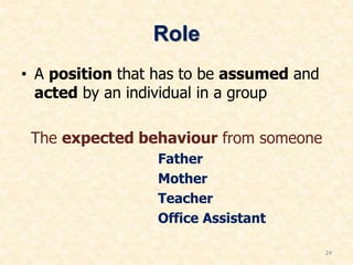 Role
• A position that has to be assumed and
acted by an individual in a group
The expected behaviour from someone
Father
Mother
Teacher
Office Assistant
24
 