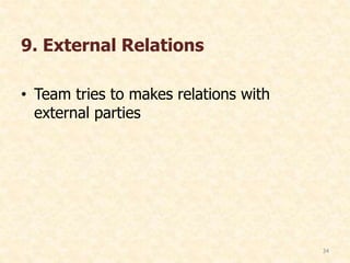 9. External Relations
• Team tries to makes relations with
external parties
34
 