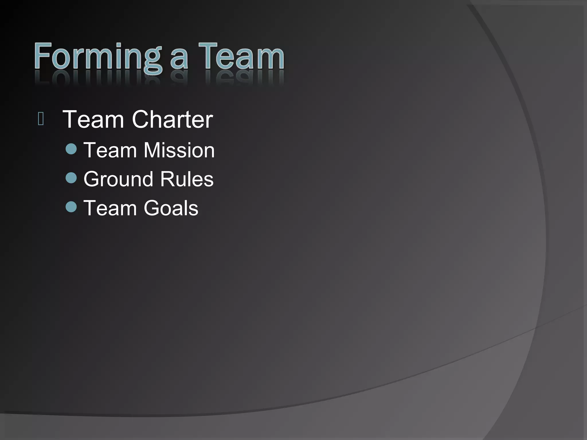 

Team Charter
Team Mission
Ground Rules
Team Goals

 