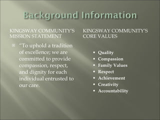KINGSWAY COMMUNITY’S MISSION STATEMENT KINGSWAY COMMUNITY’S CORE VALUES “ To uphold a tradition of excellence; we are committed to provide compassion, respect, and dignity for each individual entrusted to our care. Quality Compassion Family Values Respect Achievement Creativity Accountability  