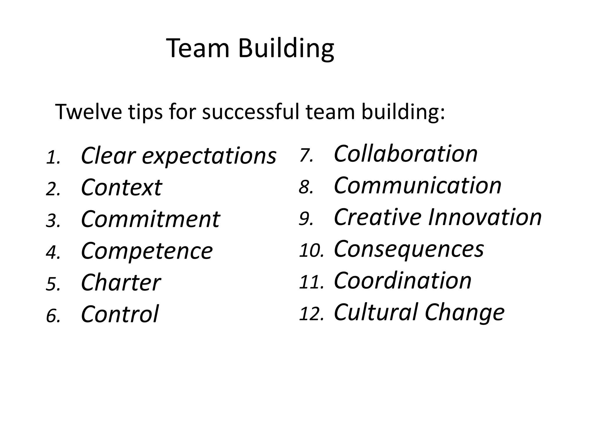 Team Building
Twelve tips for successful team building:
1. Clear expectations
2. Context
3. Commitment
4. Competence
5. Charter
6. Control
7. Collaboration
8. Communication
9. Creative Innovation
10. Consequences
11. Coordination
12. Cultural Change
 
