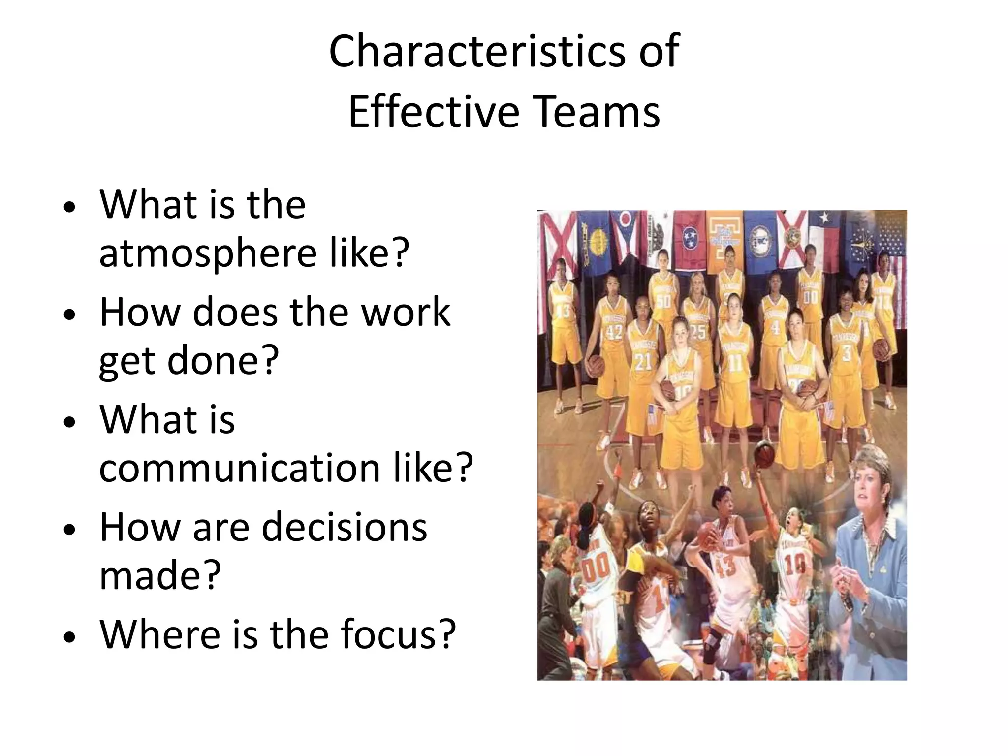 Characteristics of
Effective Teams
• What is the
atmosphere like?
• How does the work
get done?
• What is
communication like?
• How are decisions
made?
• Where is the focus?
 