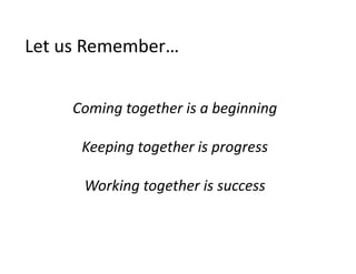 Let us Remember…
Let us Remember…
Coming together is a beginning
Keeping together is progress
p g g
p g
Working together is success
Working together is success

 