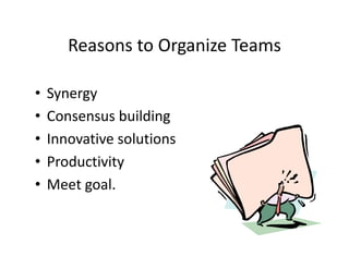 Reasons to Organize Teams
Reasons to Organize Teams
•
•
•
•
•

Synergy
Consensus building
Consensus building
Innovative solutions
Productivity
Meet goal.
Meet goal

 