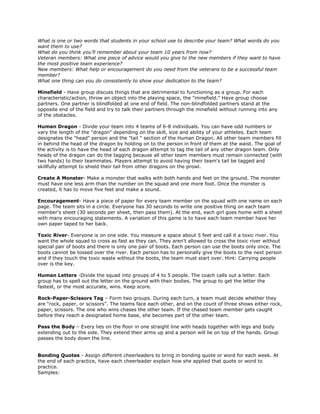 What is one or two words that students in your school use to describe your team? What words do you
want them to use?
What do you think you’ll remember about your team 10 years from now?
Veteran members: What one piece of advice would you give to the new members if they want to have
the most positive team experience?
New members: What help or encouragement do you need from the veterans to be a successful team
member?
What one thing can you do consistently to show your dedication to the team?

Minefield - Have group discuss things that are detrimental to functioning as a group. For each
characteristic/action, throw an object into the playing space, the "minefield." Have group choose
partners. One partner is blindfolded at one end of field. The non-blindfolded partners stand at the
opposite end of the field and try to talk their partners through the minefield without running into any
of the obstacles.

Human Dragon - Divide your team into 4 teams of 6-8 individuals. You can have odd numbers or
vary the length of the "dragon" depending on the skill, size and ability of your athletes. Each team
designates the "head" person and the "tail " section of the Human Dragon. All other team members fill
in behind the head of the dragon by holding on to the person in front of them at the waist. The goal of
the activity is to have the head of each dragon attempt to tag the tail of any other dragon team. Only
heads of the dragon can do the tagging because all other team members must remain connected (with
two hands) to their teammates. Players attempt to avoid having their team's tail be tagged and
skillfully attempt to shield their tail from other dragons on the prowl.

Create A Monster- Make a monster that walks with both hands and feet on the ground. The monster
must have one less arm than the number on the squad and one more foot. Once the monster is
created, it has to move five feet and make a sound.

Encouragement- Have a piece of paper for every team member on the squad with one name on each
page. The team sits in a circle. Everyone has 30 seconds to write one positive thing on each team
member's sheet (30 seconds per sheet, then pass them). At the end, each girl goes home with a sheet
with many encouraging statements. A variation of this game is to have each team member have her
own paper taped to her back.

Toxic River- Everyone is on one side. You measure a space about 5 feet and call it a toxic river. You
want the whole squad to cross as fast as they can. They aren't allowed to cross the toxic river without
special pair of boots and there is only one pair of boots. Each person can use the boots only once. The
boots cannot be tossed over the river. Each person has to personally give the boots to the next person
and if they touch the toxic waste without the boots, the team must start over. Hint: Carrying people
over is the key.

Human Letters -Divide the squad into groups of 4 to 5 people. The coach calls out a letter. Each
group has to spell out the letter on the ground with their bodies. The group to get the letter the
fastest, or the most accurate, wins. Keep score.

Rock-Paper-Scissors Tag – Form two groups. During each turn, a team must decide whether they
are “rock, paper, or scissors”. The teams face each other, and on the count of three shows either rock,
paper, scissors. The one who wins chases the other team. If the chased team member gets caught
before they reach a designated home base, she becomes part of the other team.

Pass the Body – Every lies on the floor in one straight line with heads together with legs and body
extending out to the side. They extend their arms up and a person will lie on top of the hands. Group
passes the body down the line.


Bonding Quotes - Assign different cheerleaders to bring in bonding quote or word for each week. At
the end of each practice, have each cheerleader explain how she applied that quote or word to
practice.
Samples:
 