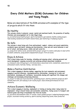 15
Every Child Matters (ECM) Outcomes for Children
and Young People.
Below are descriptions of the ECM outcomes with examples of the type
of projects which fit into them:
Be Healthy
This outcome relates to physical, sexual, mental and emotional health, the promotion of healthy
lifestyles and encouragement not to take illegal drugs.
e.g. accredited sexual health project, sports tournaments, gym sessions, healthy cooking project,
team-building residential with health related theme, peer mentoring or ‘buddying’ projects.
Be Safe
This outcome is about being safe from maltreatment, neglect, violence and sexual exploitation,
accidental injury and death, bullying and discrimination, crime and anti-social behaviour in and
out of school, and being secure, stable and well cared for.
e.g. young driver safety course, personal safety project, project to create a safe place to meet within
an unsafe community, young women’s empowerment project, first aid course.
Enjoy & Achieve
This is about being ready for learning, attending and enjoying school, achieving personal and
social development, enjoying recreation and achieving national educational standards
e.g. homework clubs, DJing project, arts/drama/dance, educational visits, residentials, celebration of
achievement events, festivals, fishing – and many more……
Make a Positive Contribution
This is about engaging in decision making, supporting the local community and environment,
engaging in positive behaviour, developing positive relationships, choosing not to bully and
discriminate, developing self confidence, successfully dealing with significant life changes and
challenges and developing enterprising behaviour.
e.g. project to make your local area better, gardening project, meeting community groups you don’t
normally meet with, anti-bullying or anti racism project, music/drama performances for local
community.
Achieve Economic Wellbeing
This is about engaging in learning, employment or training on leaving school, being ready for
employment, living in decent homes and sustainable communities, having access to transport and
material goods and living in households free from low income.
e.g. job search and homework clubs, IT courses, career guidance project, budgeting/managing money
project, vocational training courses e.g. sports coaching, babysitting course, music production.
 