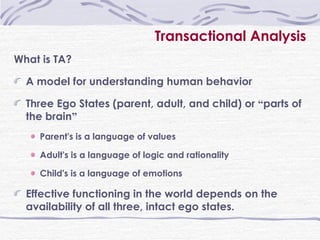 Transactional Analysis What is TA? A model for understanding human behavior Three Ego States (parent, adult, and child) or  “ parts of the brain ” Parent's is a language of values  Adult's is a language of logic and rationality  Child's is a language of emotions Effective functioning in the world depends on the availability of all three, intact ego states.  