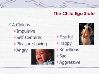 The Child Ego State A Child is …   Impulsive Self Centered Pleasure Loving Angry Fearful Happy Rebellious Sad Aggressive 