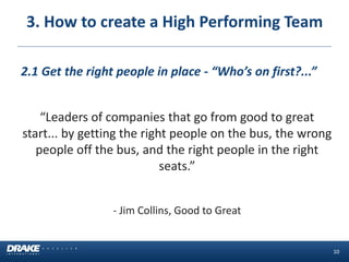 10 
2.1 Get the right people in place - “Who’s on first?...” 
“Leaders of companies that go from good to great start... by getting the right people on the bus, the wrong people off the bus, and the right people in the right seats.” 
- Jim Collins, Good to Great 
3. How to create a High Performing Team  