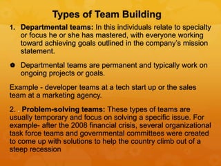Types of Team Building
1. Departmental teams: In this individuals relate to specialty
or focus he or she has mastered, with everyone working
toward achieving goals outlined in the company’s mission
statement.
 Departmental teams are permanent and typically work on
ongoing projects or goals.
Example - developer teams at a tech start up or the sales
team at a marketing agency.
2. . Problem-solving teams: These types of teams are
usually temporary and focus on solving a specific issue. For
example- after the 2008 financial crisis, several organizational
task force teams and governmental committees were created
to come up with solutions to help the country climb out of a
steep recession
 