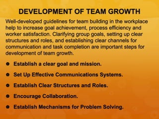 DEVELOPMENT OF TEAM GROWTH
Well-developed guidelines for team building in the workplace
help to increase goal achievement, process efficiency and
worker satisfaction. Clarifying group goals, setting up clear
structures and roles, and establishing clear channels for
communication and task completion are important steps for
development of team growth.
 Establish a clear goal and mission.
 Set Up Effective Communications Systems.
 Establish Clear Structures and Roles.
 Encourage Collaboration.
 Establish Mechanisms for Problem Solving.
 