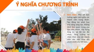  Đơn Giản: Phá vỡ bức
tường ngăn cách giữa các
thành viên trong đoàn.
Tạo động lực phát huy
khả năng sáng tạo. Khẳng
định tầm quan trọng của
làm việc nhóm. Xây dựng
lòng tin và hỗ trợ lẫn
nhau. Tăng cường sự
nhận thức của các thành
viên vào việc thay đổi
chính mình cho tốt hơn.
 