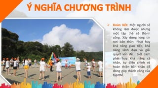  Đoàn Kết: Một người sẽ
không làm được nhưng
một tập thể sẽ thành
công. Xây dựng lòng tin
nơi bản thân. Phát huy
khả năng giao tiếp, khả
năng lãnh đạo và giải
quyết vấn đề. Biết cách
phát huy khả năng cá
nhân, tự điều chỉnh và
hoàn thiện bản thân để
đóng góp thành công của
tập thể.
 