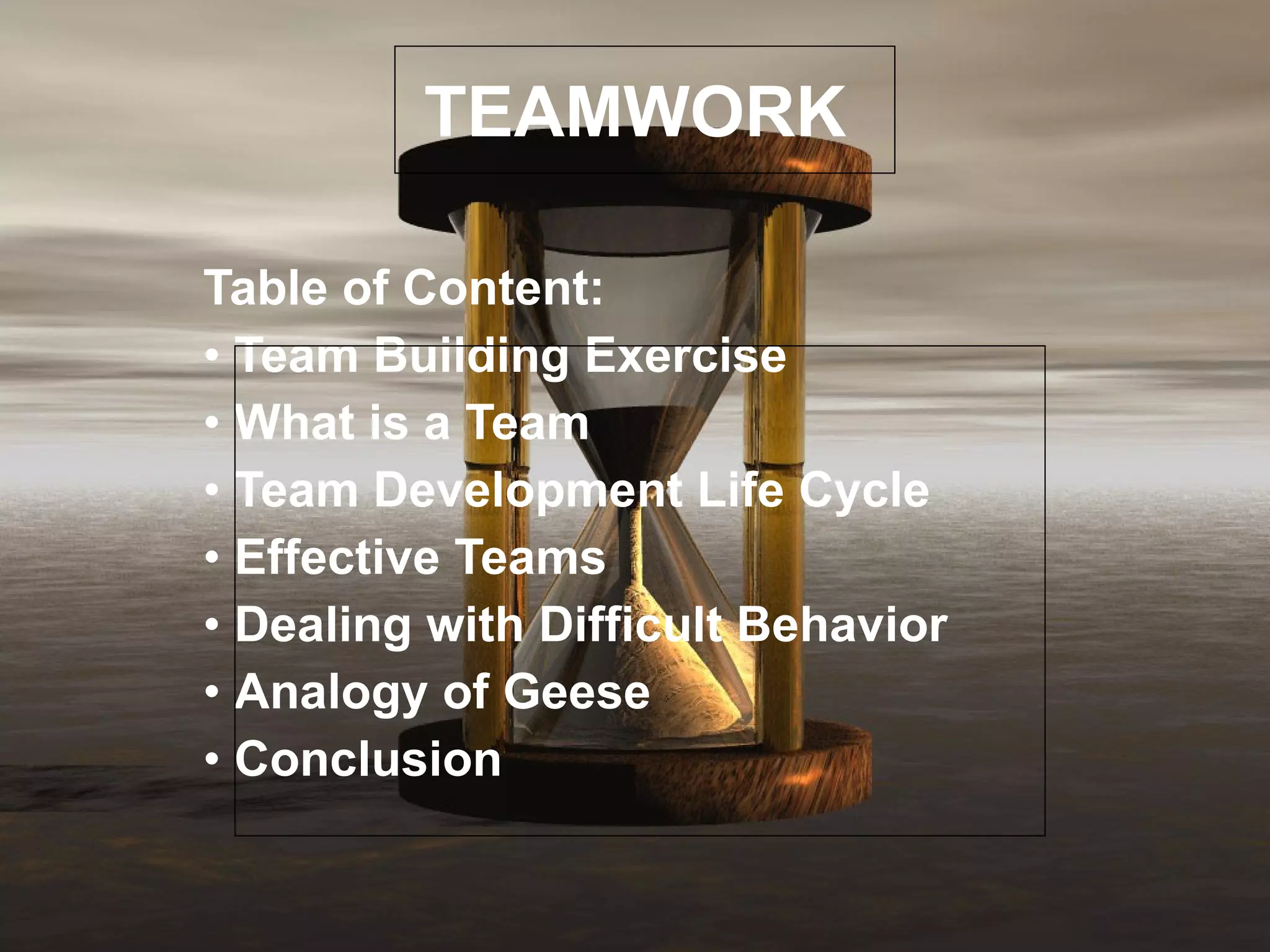 TEAMWORK Table of Content: •  Team Building Exercise •  What is a Team •  Team Development Life Cycle •  Effective Teams •  Dealing with Difficult Behavior •  Analogy of Geese •  Conclusion 