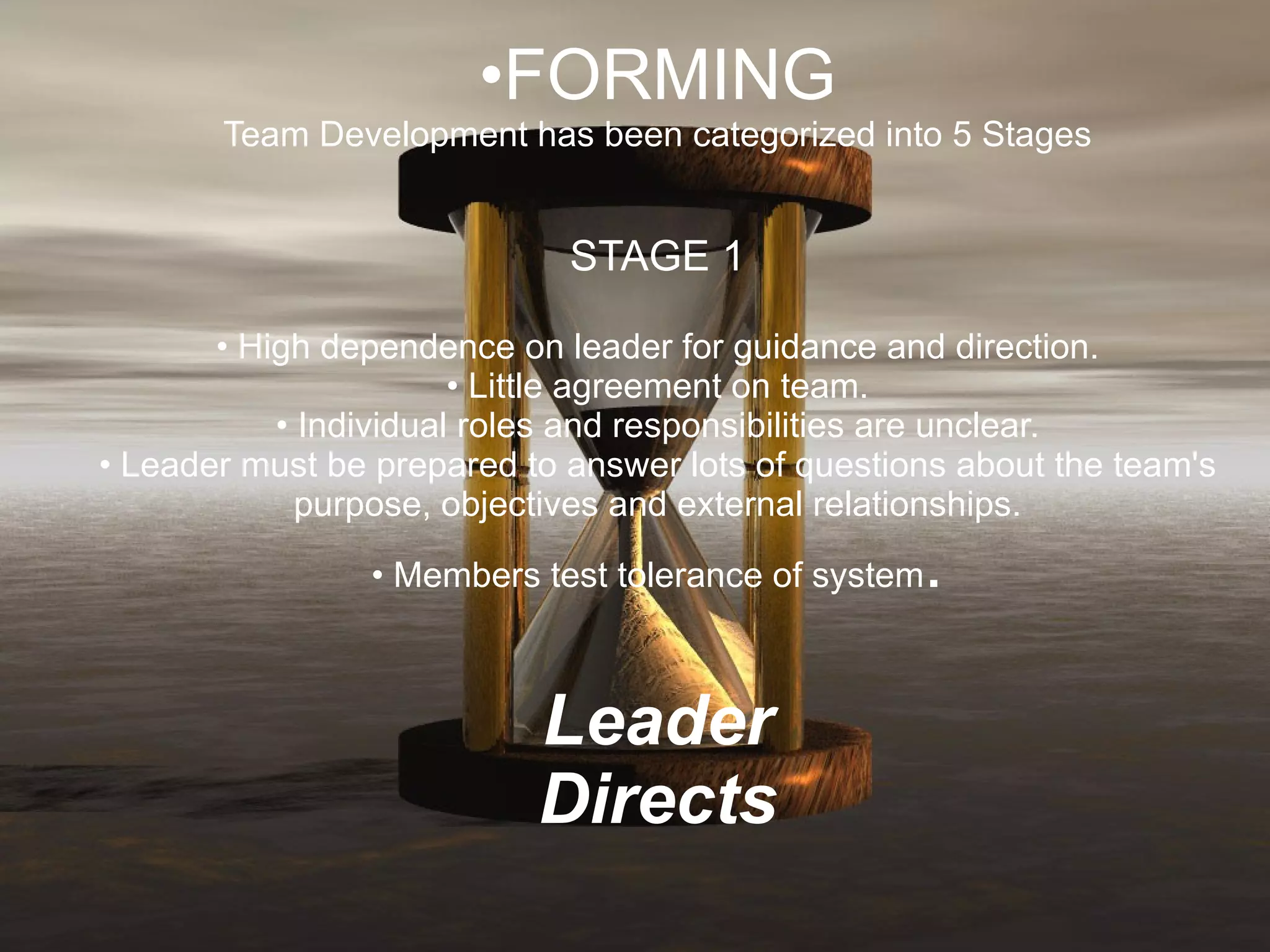 FORMING Team Development has been categorized into 5 Stages STAGE 1 • High dependence on leader for guidance and direction. • Little agreement on team. • Individual roles and responsibilities are unclear. • Leader must be prepared to answer lots of questions about the team's purpose, objectives and external relationships. • Members test tolerance of system . Leader Directs 