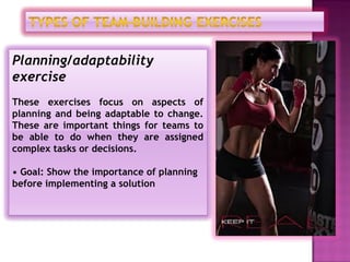 Planning/adaptability
exercise
These exercises focus on aspects of
planning and being adaptable to change.
These are important things for teams to
be able to do when they are assigned
complex tasks or decisions.

• Goal: Show the importance of planning
before implementing a solution
 