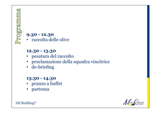 9.30 - 12.30
•  raccolta delle olive
 
12.30 - 13.30
•  pesatura del raccolto
•  proclamazione della squadra vincitrice
•  de-briefing
 
13.30 - 14.30
•  pranzo a buffet
•  partenza
Oil Building©
 