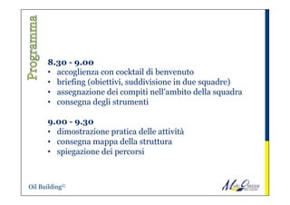 8.30 - 9.00
•  accoglienza con cocktail di benvenuto
•  briefing (obiettivi, suddivisione in due squadre)
•  assegnazione dei compiti nell'ambito della squadra
•  consegna degli strumenti
 
9.00 - 9.30
•  dimostrazione pratica delle attività
•  consegna mappa della struttura
•  spiegazione dei percorsi
Oil Building©
 
