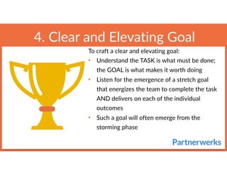 4. Clear and Elevating Goal
To craft a clear and elevating goal:
• Understand the TASK is what must be done;
the GOAL is w...
