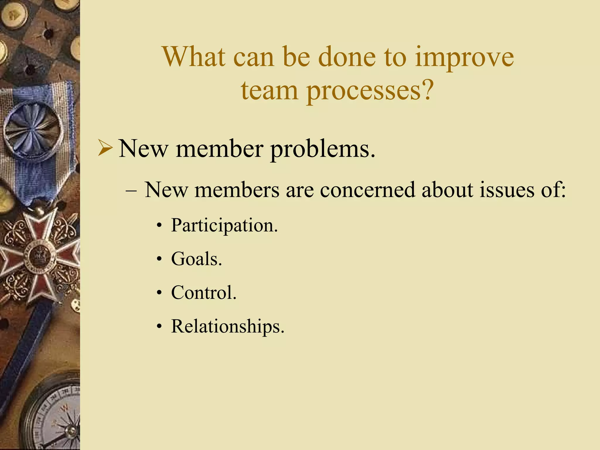 What can be done to improve team processes? New member problems. New members are concerned about issues of: Participation. Goals. Control. Relationships. 