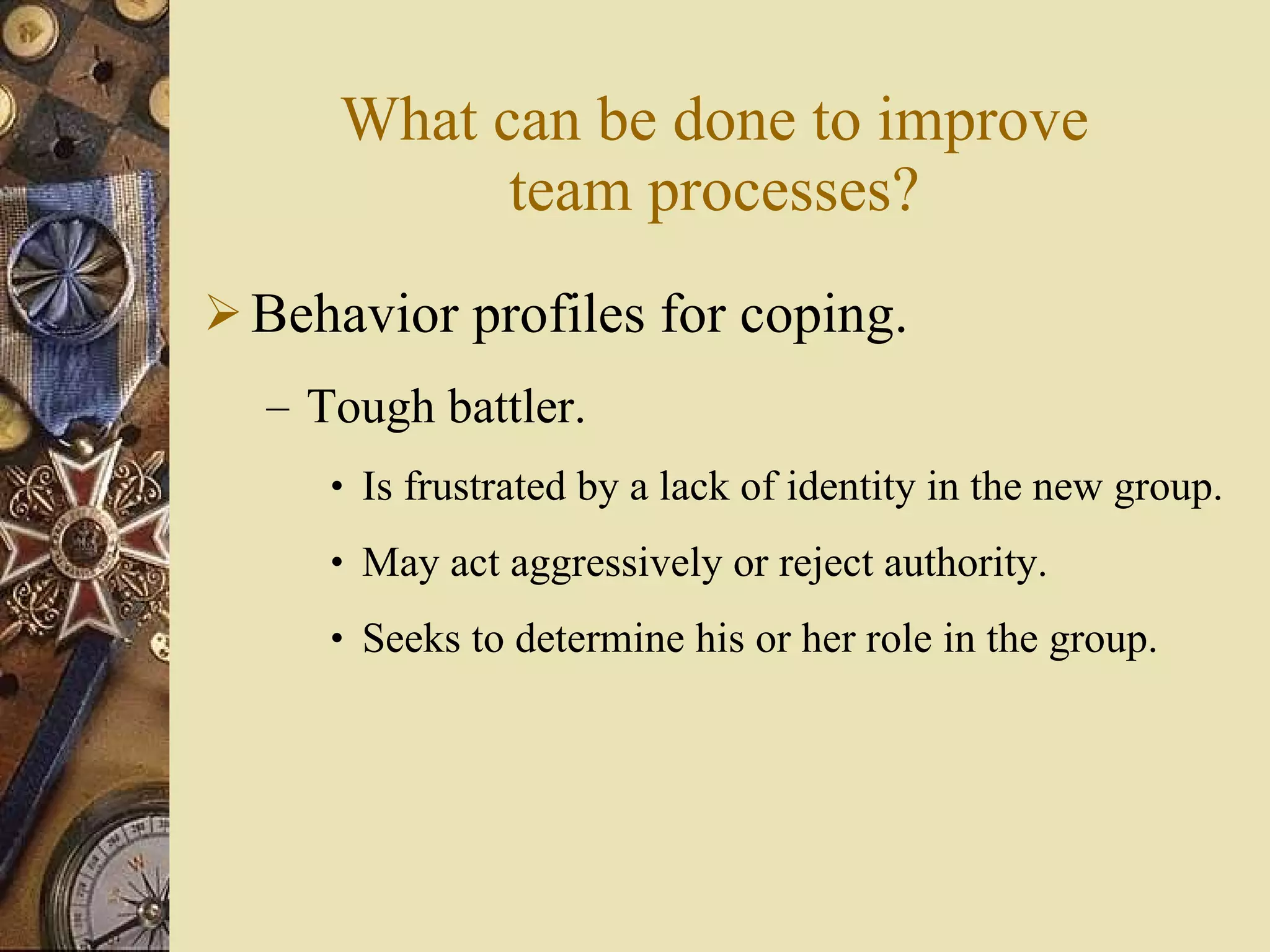 What can be done to improve team processes? Behavior profiles for coping. Tough battler. Is frustrated by a lack of identity in the new group. May act aggressively or reject authority. Seeks to determine his or her role in the group. 